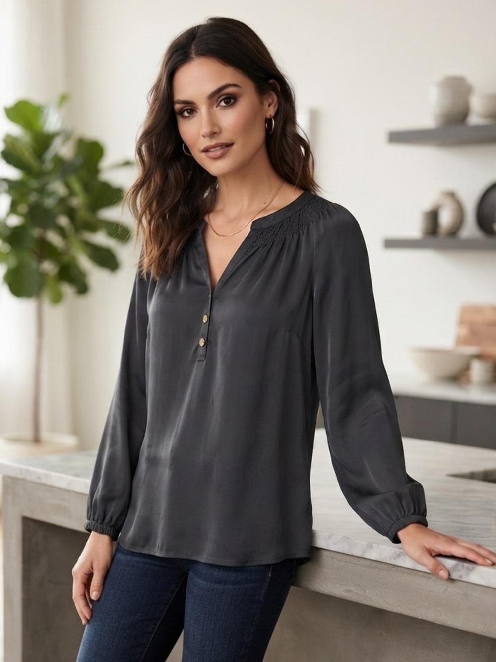Lilly Pulitzer Black Long-Sleeve V-Neck Button Blouse